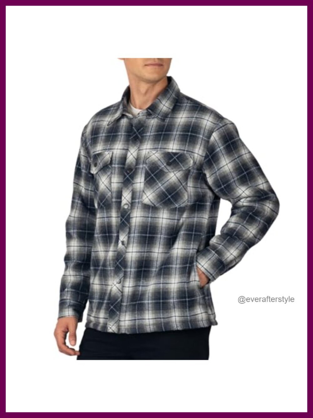Mens Quilted Flannel Jacket Warm Plaid Shacket Snap Button Winter Work Coat